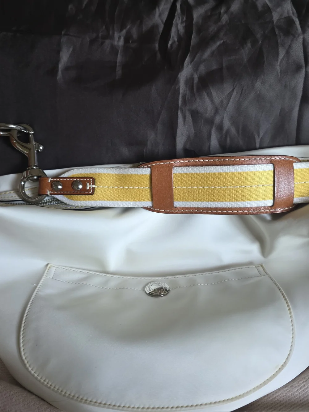 Coach Hampton Weekend White Satin Hobo with Yellow and Brown Strap Accents